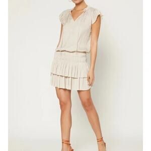 Current Air Zoey Flutter Sleeve Pleated Mini Dress with Drop Waist Beige Small